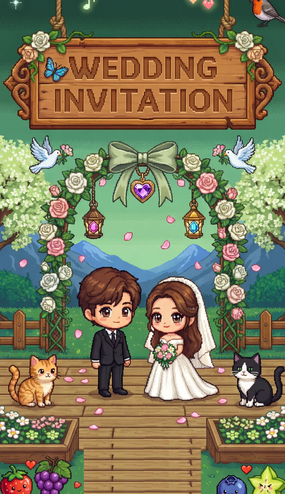 像素森林婚礼请柬封面：木牌 WEDDING INVITATION，花拱门下的新郎与新娘，白鸽与猫咪环绕